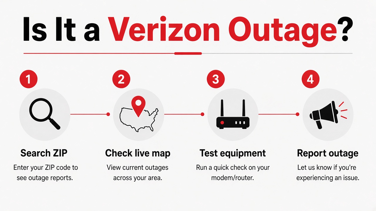 Outage check guide infographic: search your ZIP, check the live map, test equipment once, then report what you see