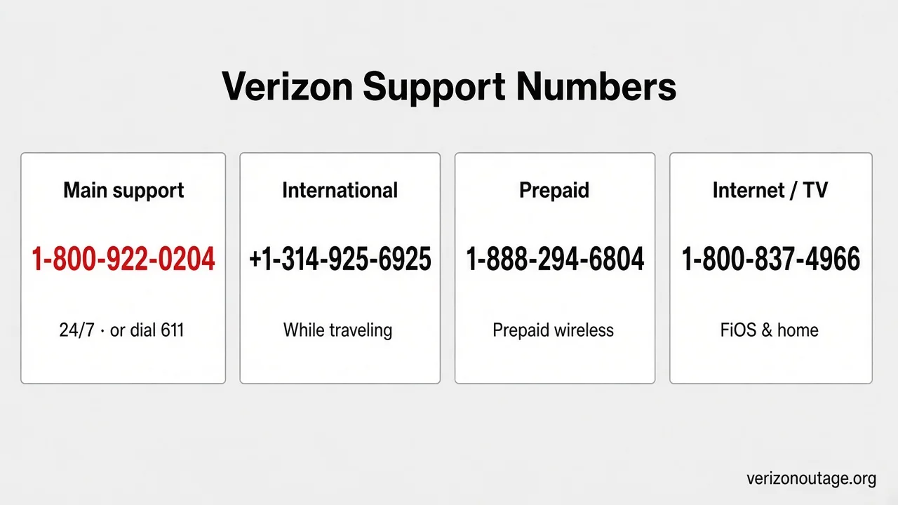 Verizon customer service phone numbers from verizonoutage.org: 1-800-922-0204 main, international, prepaid, and FiOS internet TV support