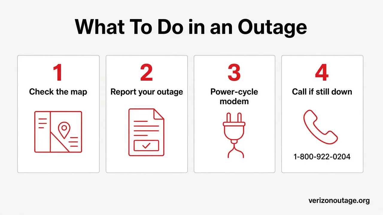 What to do in a Verizon outage from verizonoutage.org: check the map, report your outage, power-cycle modem, call support if still down