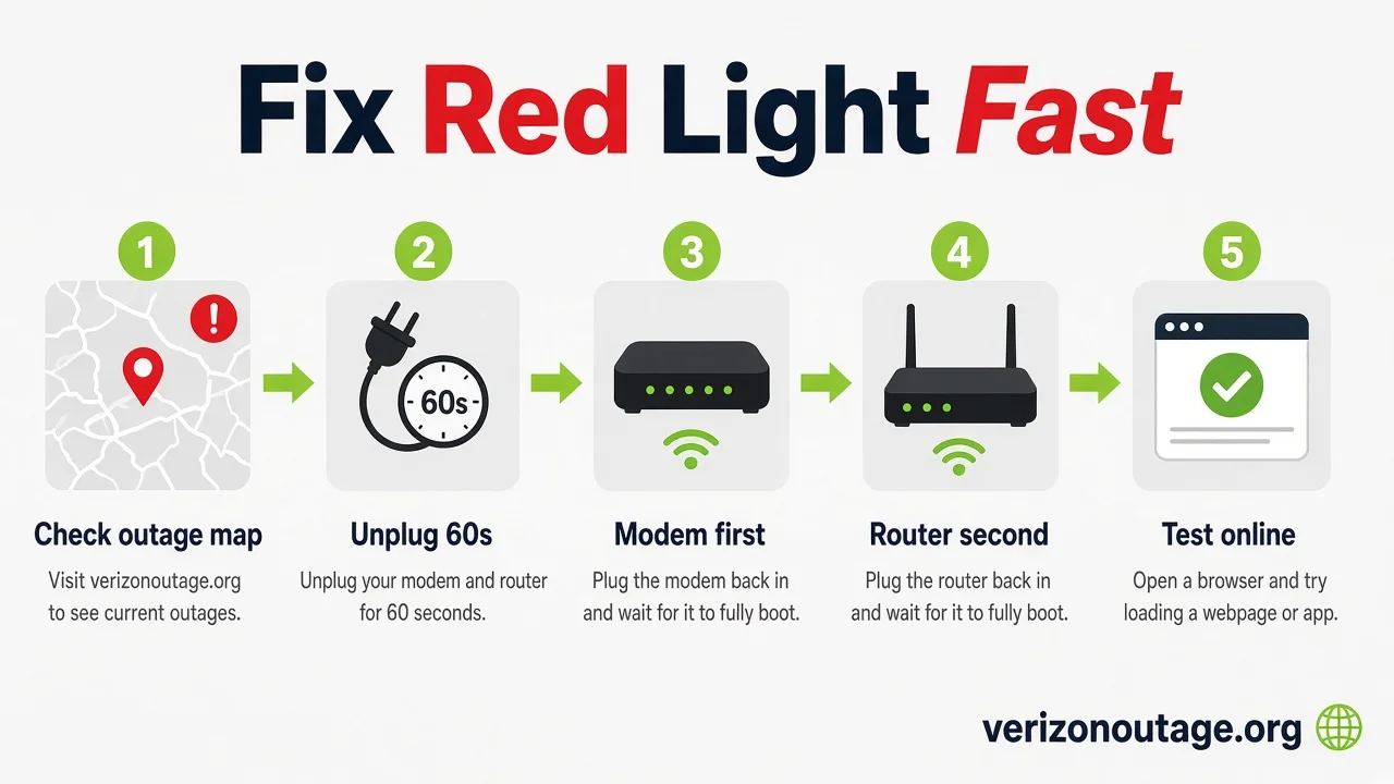 How to fix Verizon router blinking red from verizonoutage.org: check outage map, unplug 60 seconds, power modem first, then router, then test online