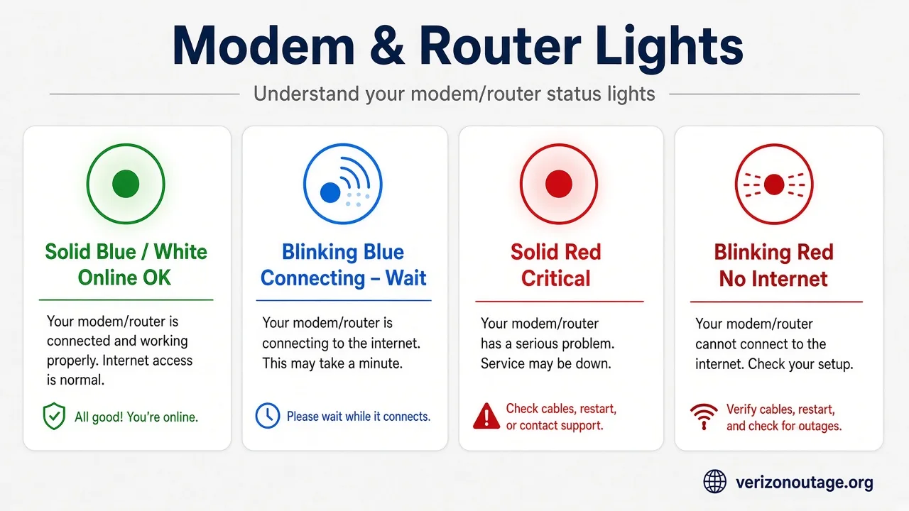 Verizon modem and router light guide from verizonoutage.org: solid blue or white online, blinking connecting, red means no signal or outage