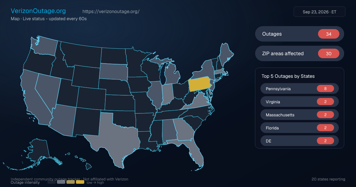 Dialing Code Map Verizon Outage Map — Live Real-Time Status 2026